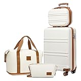 Kono Set de 4 Valises de Voyage Rigide Bagage Cabine 55cm avec Portable Vanity Case + Pliable Sac de Voyage pour Sport avec Trousse de Maquillage, Blanc Crème